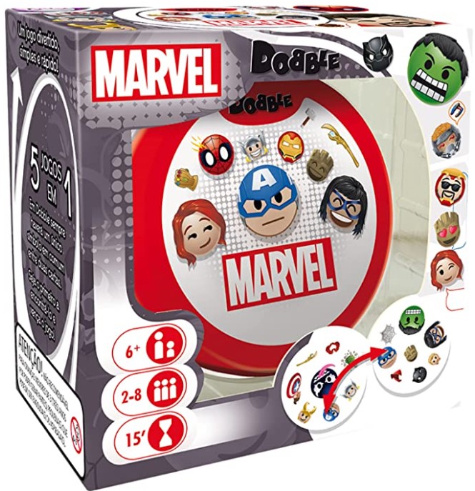 Jogo de cartas Dobble com emoji de personagens Marvel. 