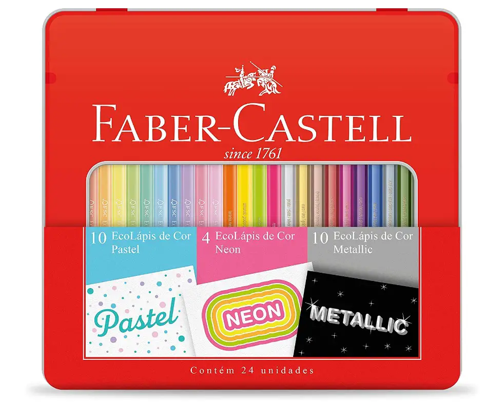 Lápis de cor com 24 cores diferentes. 
