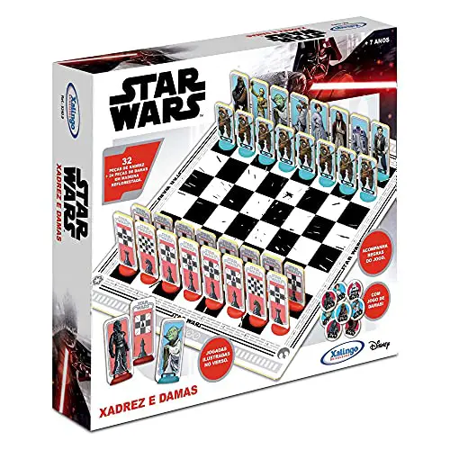 Tabuleiro de xadrez com peças de personagens de Star Wars. 