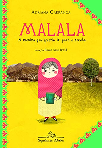Capa do livro Malala, na cor amarela, com uma paisagem de fundo e uma menina segurando um livro.