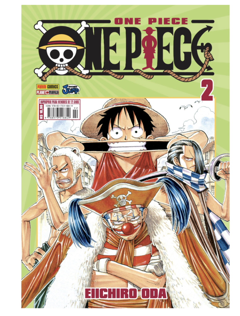 Capa de livro com figuras dos personagens de One Piece. 