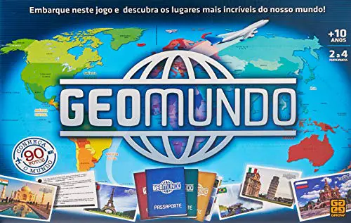 Foto da caixa do jogo geomundo, cujo fundo é o mapa mundi e por cima fica a logo, passaportes e fotos de monumentos históricos.