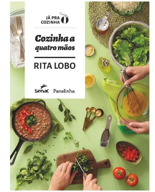 Capa de livro na cor verde com imagem de duas pessoas cozinhando.