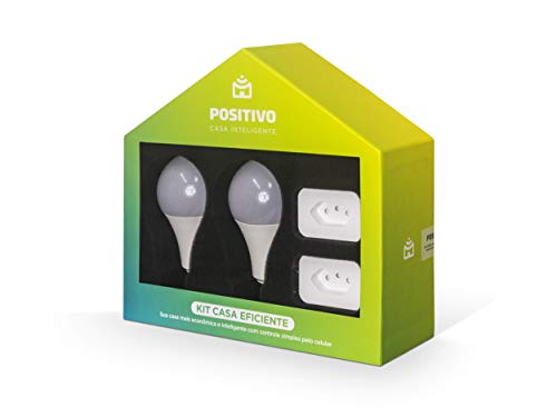 Caixa verde em formato de casa, contendo duas lâmpadas e dois plugs.