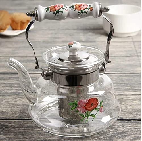 Chaleira de vidro com infusor para chá com alça em cerâmica.