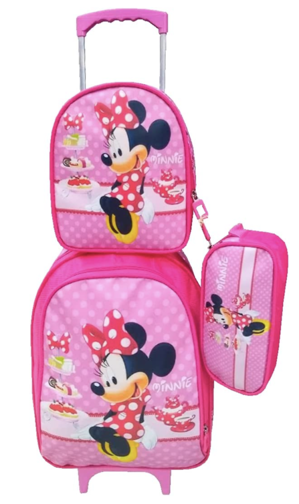 kit de mochila na cor rosa com estampa da Minnie.