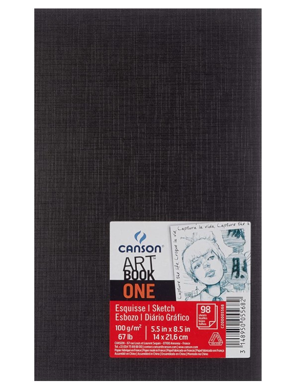 Caderno para desenhos com capa preta. 