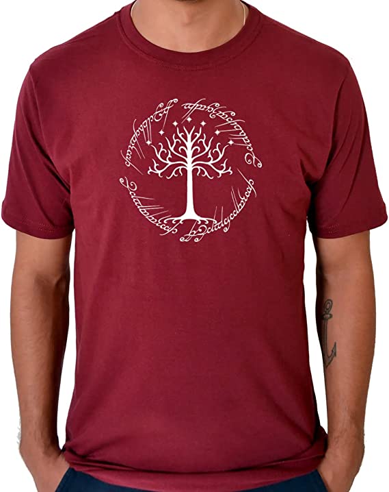 Camiseta vermelha com estampa da Árvore Branca de Gondor. 
