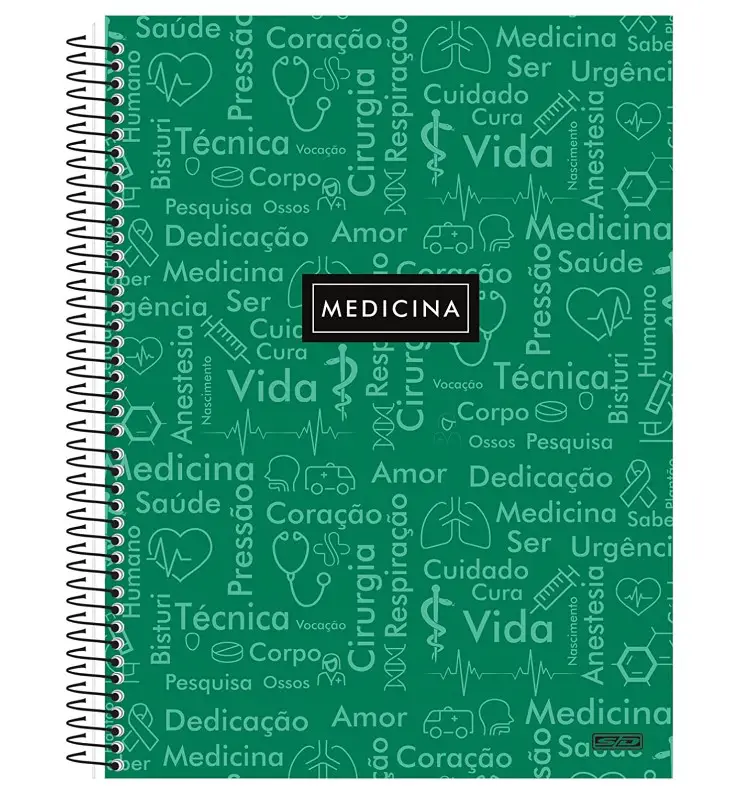 Caderno com capa verde com detalhe de medicina de presentes para médico. 