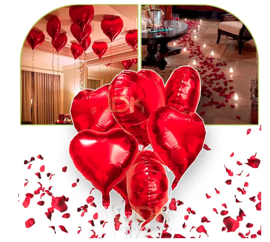 Kit com balões e pétalas para jantar romântico. 