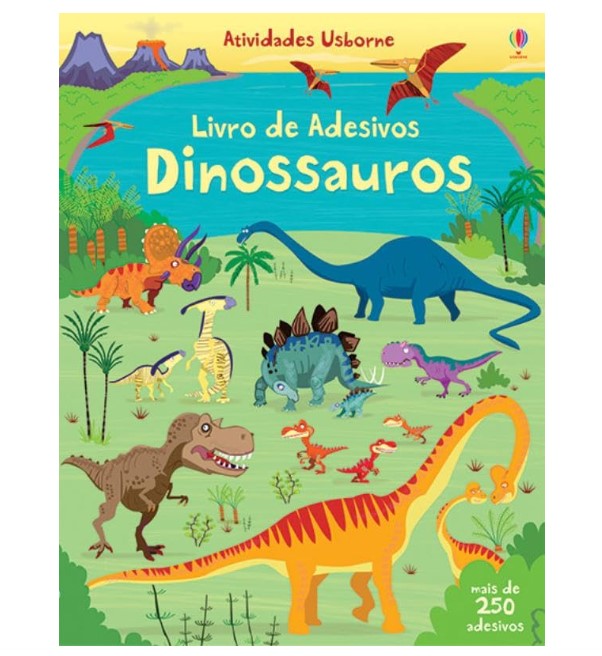 Livro com adesivos de dinossauros. 