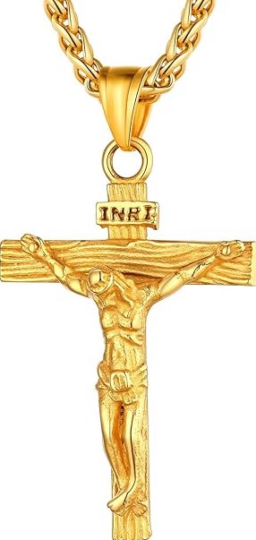 Colar com crucifixo na cor dourada. 