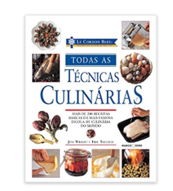Capa do livro de técnicas culinárias, possui imagens com receitas e materiais.