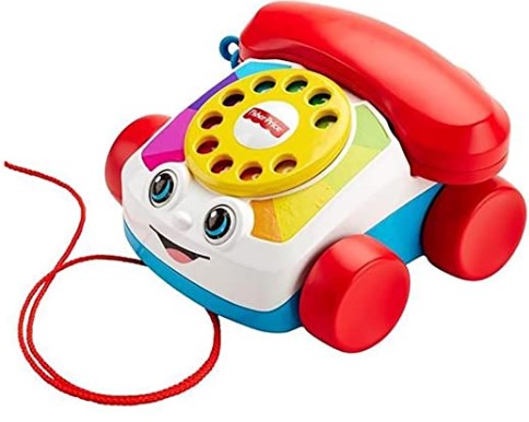 Brinquedo em formato de telefone, para a criança puxar. 