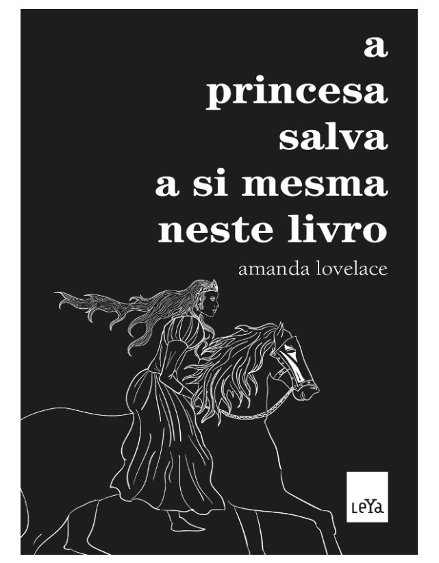 Capa do livro todo preto com desenho em linhas brancas de uma princesa montada no cavalo. 