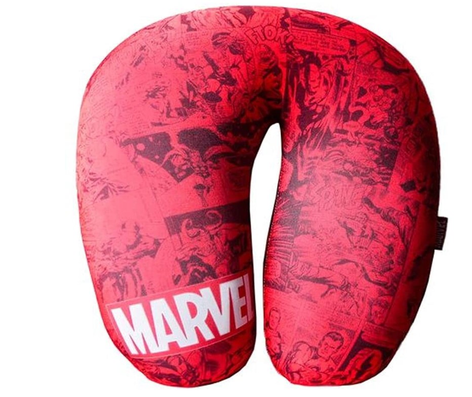 Almofada de pescoço vermelha com estampa da Marvel, presente para fã dos quadrinhos. 