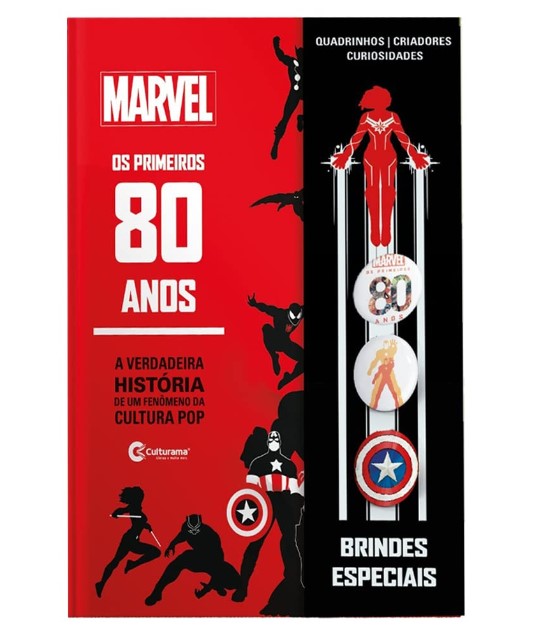 Livro Marvel com capa preta e vermelha  narrando os primeiros 80 anos da história da Marvel. 