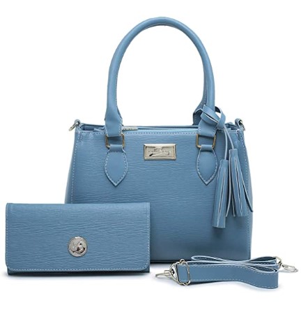 Conjunto bolsa e carteira na cor azul. 