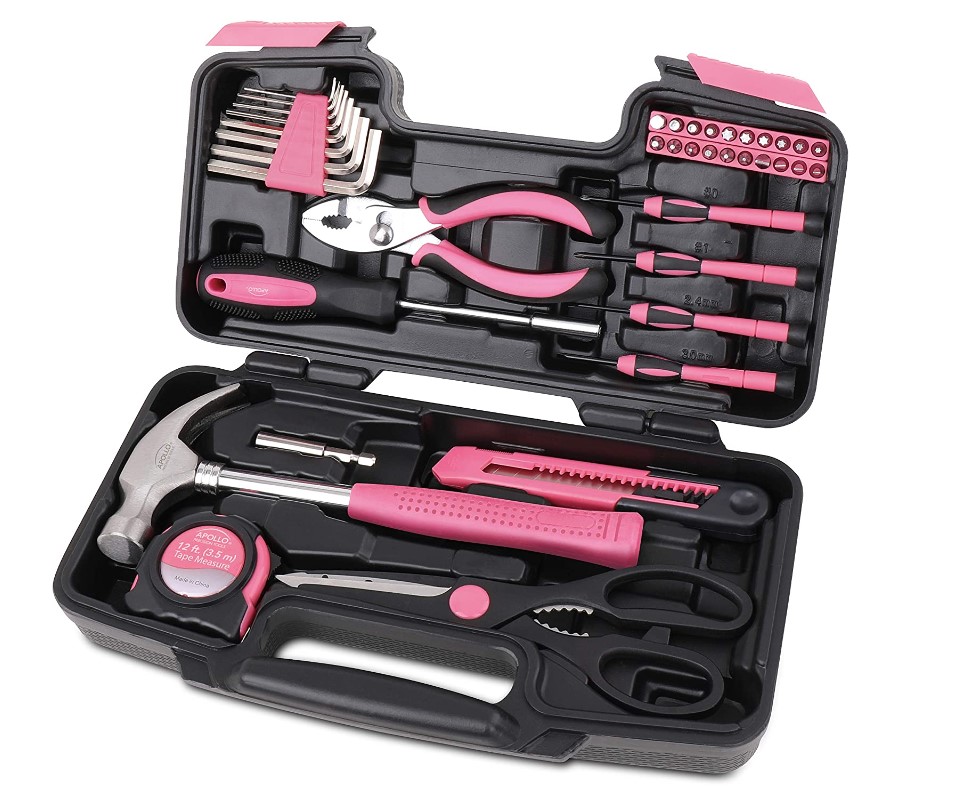 Caixa de ferramentas na cor rosa e preta. 