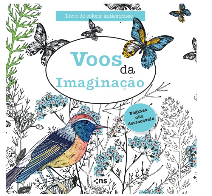 Livro de colorir com desenho de borboletas, pássaros e flores. 