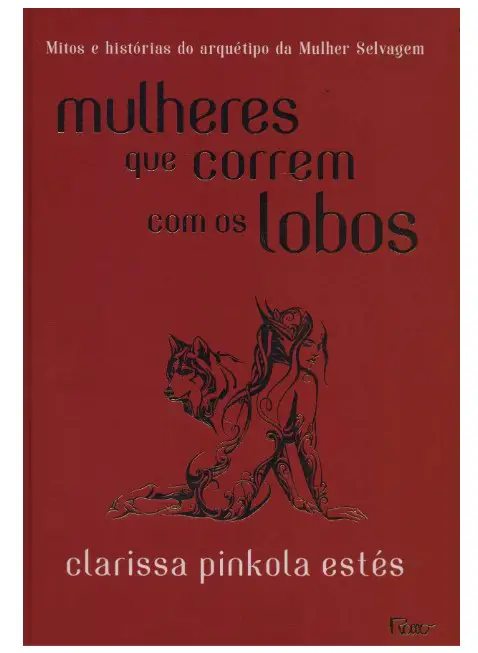 Livro com capa vermelha e a gravura de uma mulher e um lobo. 