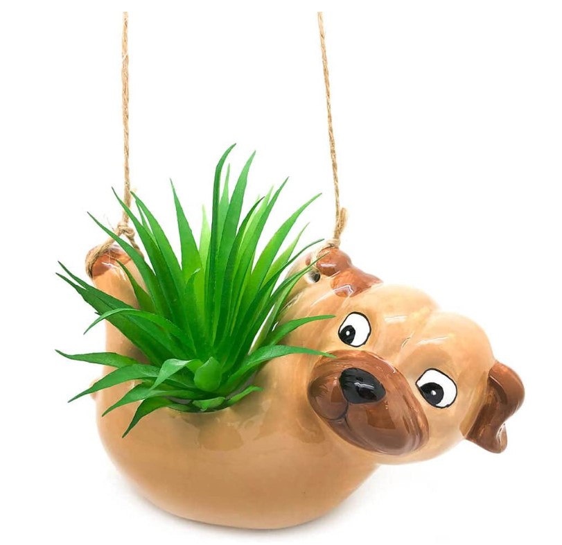 Cachepô de cerâmica em formato de cachorro. 