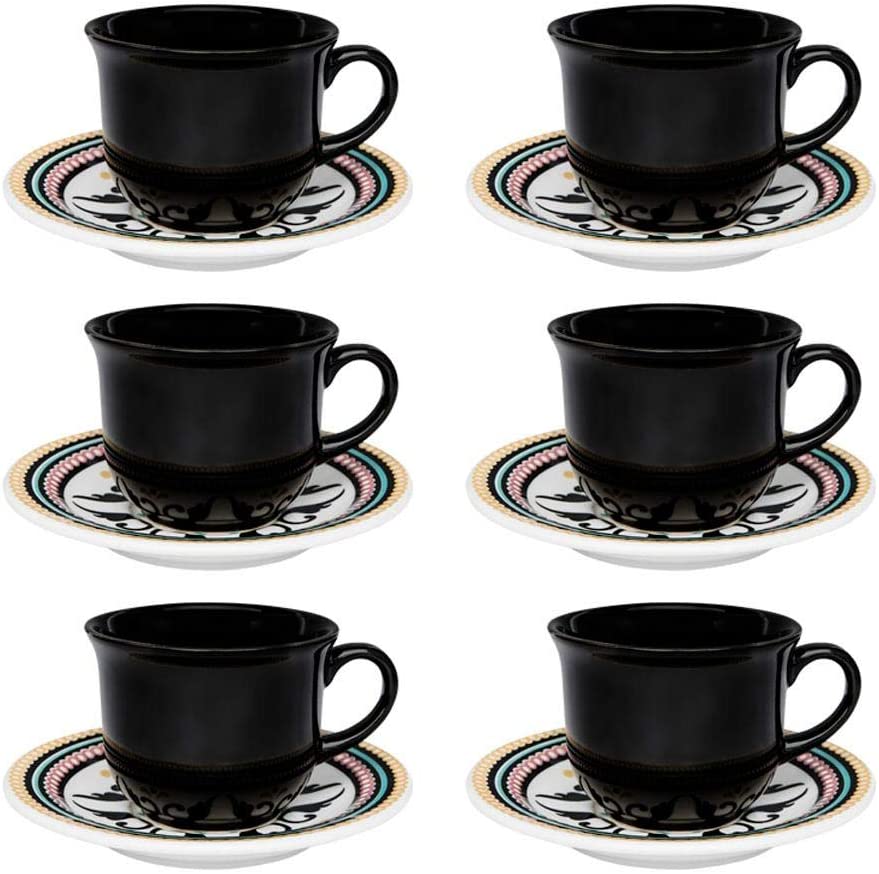 Seis xícaras pretas de porcelana com seis pires estampados. 